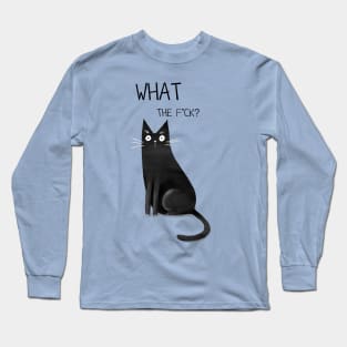 Cartoon funny black cat and the inscription "What the f*ck". Long Sleeve T-Shirt